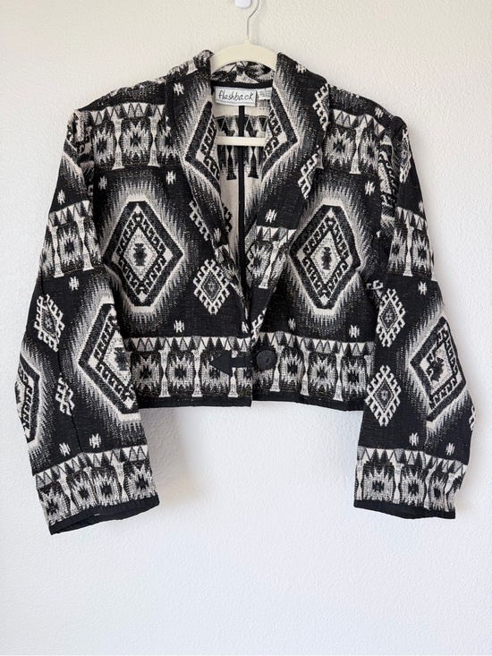 Flashback Jackets & Blazers - Vintage 90s Flashback Tapestry Jacket S Black White Gold Western Cropped